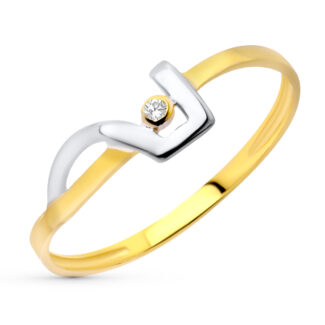 18K SORTIJA ORO BICOLOR CON MOTIVO GEOMETRICO Y CIRCONITA, ANCHO: 5,5 MM