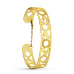 18K PULSERA ORO AMARILLO RIGIDA CIRCULOS LASER MEDIDA INTERIOR 65X50 MM ANCHO TOTAL 12 MM CIERRE MOSQUETON CON CADENA