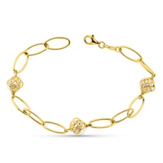 18K PULSERA ORO AMARILLO ENTREPIEZAS OVALES Y PERLA 8 MM