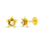 18K PENDIENTES ORO AMARILLO FLOR CON CIRCONITA 7X7 MM, CIERRE TUERCA