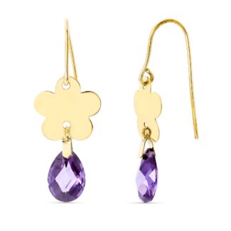18K PENDIENTES ORO AMARILLO FLOR PIEDRA AMATISTA 10X7 MM CIERRE GANCHO