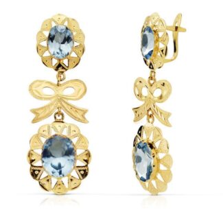 18K PENDIENTES ORO AMARILLO CUBANA LAZO AGUAMARINA 43X15 MM CIERRE CATALAN