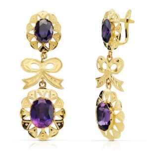18K PENDIENTES ORO AMARILLO CUBANA LAZO AMATISTA 43X15 MM CIERRE CATALAN