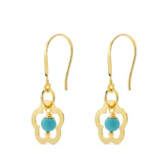 18K PENDIENTES ORO AMARILLO FLOR CORAL O TURQUESA 28X12 MM CIERRE GANCHO