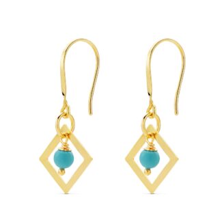 18K PENDIENTES ORO AMARILLO CUADRADO CORAL O TURQUESA 30X14 MM CIERRE GANCHO