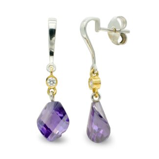 18K PENDIENTES ORO BICOLOR AMATISTA 11 MM CIRCONITA CIERRE PRESION