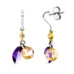 18K PENDIENTES ORO BICOLOR PIEDRAS AMATISTA Y KUNCITA CIERRE PRESION