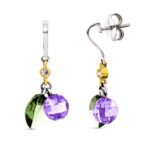 18K PENDIENTES ORO BICOLOR PIEDRAS OLIVINA Y AMATISTA CIERRE PRESION