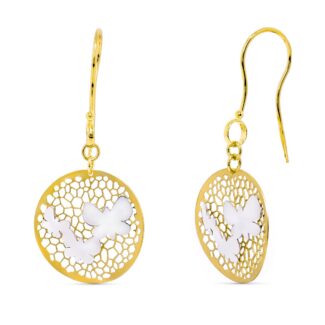 18K PENDIENTES ORO BICOLOR LARGOS MARIPOSAS, 43X18 MM CIERRE GANCHO