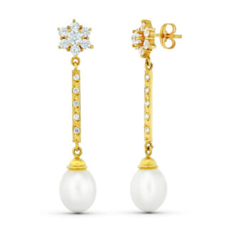 18K PENDIENTES ORO AMARILLO TRES CUERPOS CUAJO Y PERLA, CIERRE PRESION