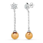 18K PENDIENTES ORO BLANCO PERLA MARRON CIRCONITAS CIERRE PRESION