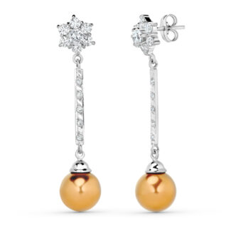 18K PENDIENTES ORO BLANCO PERLA MARRON CIRCONITAS CIERRE PRESION