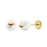18K PENDIENTES ORO AMARILLO TREBOL Y PERLA 6 MM TUERCA