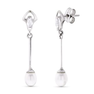 18K PENDIENTES ORO BLANCO LARGOS Y PERLAS CIERRE PRESION