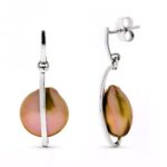 18K PENDIENTES ORO BLANCO LARGOS Y PERLA CHOCOLATE CIERRE PRESION