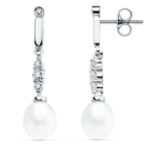 18K PENDIENTES ORO BLANCO PERLA 31X7 MM CIERRE PRESION