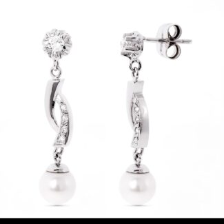 18K PENDIENTES ORO BLANCO Y PERLA CON GARRA DE CIRCONITA CIERRE PRESION