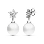 18K PENDIENTES ORO BLANCO FLOR CIRCONITA PERLA 14 MM CIERRE PRESION