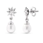 18K PENDIENTES ORO BLANCO LARGO ESTRELLA PERLA 18X7 MM CIERRE PRESION