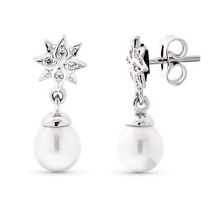 18K PENDIENTES ORO BLANCO LARGO ESTRELLA PERLA 18X7 MM CIERRE PRESION