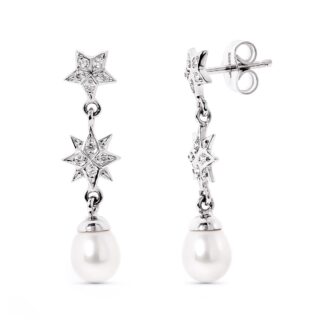 18K PENDIENTES ORO BLANCO ESTRELAS DE CIRCONITA Y PERLA CIERRE PRESION