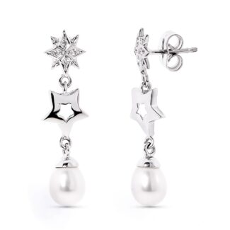 18K PENDIENTES LARGOS PRESION ORO BLANCO ESTRELLAS CON CIRCONITA Y PERLA