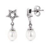 18K PENDIENTES ORO BLANCO DOS CUERPOS CON ESTRELLA Y PERLA CIERRE PRESION