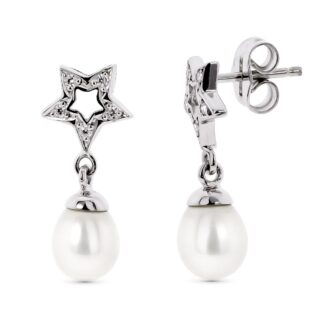 18K PENDIENTES ORO BLANCO DOS CUERPOS CON ESTRELLA Y PERLA CIERRE PRESION