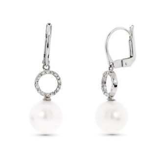 18K PENDIENTES ORO BLANCO MOTIVO REDONDO Y PERLA 9 MM CIERRE CATALAN