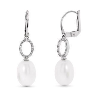 18K PENDIENTES ORO BLANCO MOTIVO OVAL Y PERLA 9 MM CIERRE CATALAN