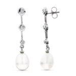 18K PENDIENTES ORO BLANCO LARGOS PERLA Y CIRCONITA CIERRE PRESION