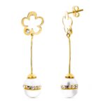18K PENDIENTES ORO AMARILLO LARGOS CON FLOR PERLA CIERRE PRESION