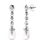18K PENDIENTES ORO BLANCO LARGO PERLA CIULTIVADA 8 MM Y CIRCONITA TOTAL 30X7 MM CIERRE PRESION