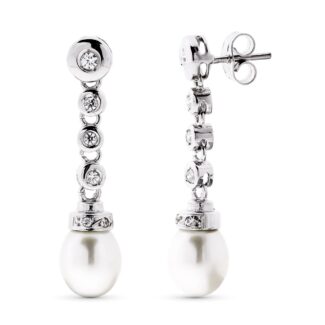 18K PENDIENTES ORO BLANCO LARGO PERLA CIULTIVADA 8 MM Y CIRCONITA TOTAL 30X7 MM CIERRE PRESION