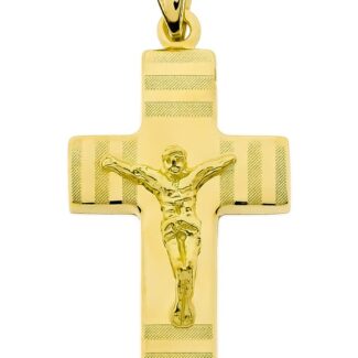 18K CRUZ ORO AMARILLO HUECA CON CRISTO MATE Y BRILLO 27X15 MM