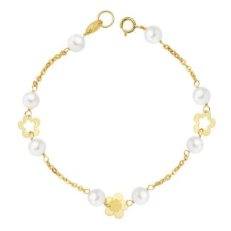 18K PULSERA ORO AMARILLO PERLA Y FLORES 17CM