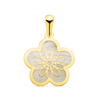 18K COLGANTE ORO AMARILLO FLOR CON NACAR 17 X 17 MM
