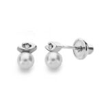 18K PENDIENTES ORO BLANCO PERLA 3 MM DIAMANTES NATURALES SI-H TALLA BRILLANTE 0,012 QTS, CIERRE TUERCA