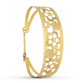 18K PULSERA RIGIDA ORO AMARILLO FLORES MEDIDA INTERIOR 65X55 MM ANCHO TOTAL 20 MM CIERRE MOSQUETON CON CADENA