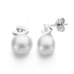 18K PENDIENTES ORO BLANCO PERLA CIRCONITA 12X7 MM CIERRE PRESION