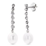 18K PENDIENTES ORO BLANCO LARGOS CON CIRCONITA Y PERLA CIERRE PRESION