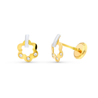 18K PENDIENTES ORO BICOLOR FLOR 8X6 MM, CIERRE TUERCA