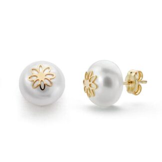 18K PENDIENTES ORO AMARILLO PERLA FLOR 9 MM CIERRE PRESION