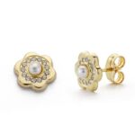 18K PENDIENTES ORO AMARILLO FLOR CIRCONITA Y PERLA 3 MM CIERRE PRESION