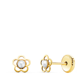 18K PENDIENTES ORO AMARILLO FLOR CALADA CON PERLA DE 2 MM, ANCHO: 5X5 MM, CIERRE TUERCA