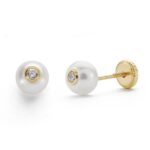 18K PENDIENTES ORO AMARILLO PERLA 5 MM CIRCONITA CIERRE TUERCA