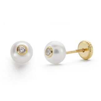 18K PENDIENTES ORO AMARILLO PERLA 5 MM CIRCONITA CIERRE TUERCA