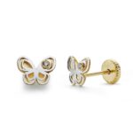 18K PENDIENTES ORO BICOLOR MARIPOSA CIRCONITA 5X6 MM CIERRE TUERCA