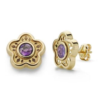18K PENDIENTES FLOR PIEDRA COLOR AMATISTA ORO AMARILLO 11 MM CIERRE PRESION