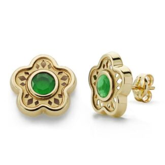 9K PENDIENTES ORO AMARILLO ESTRELLA CALADA PIEDRA COLOR VERDE CIERRE PRESION